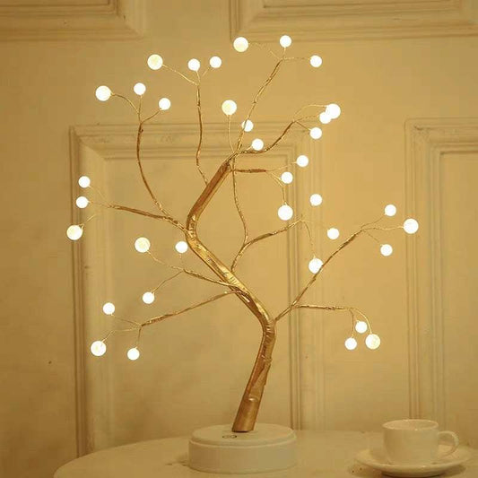 LED copper wire light shaped like a decorative tree with warm white glowing bulbs on branches, ideal for bedroom and room decoration