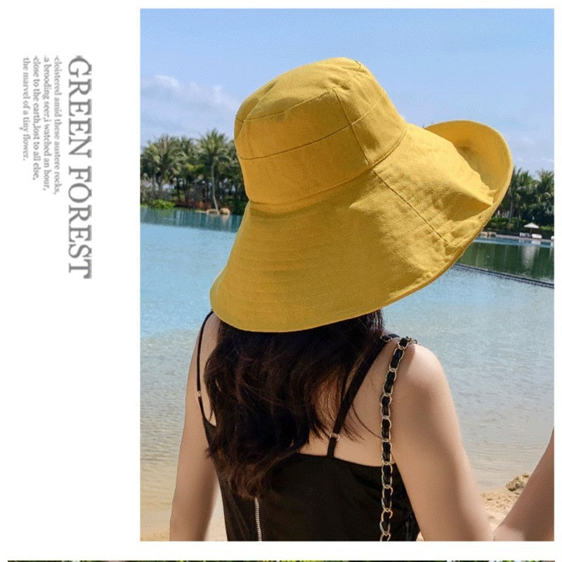Japanese solid color big brim fisherman's hat for women, yellow adjustable sun hat for spring and summer.