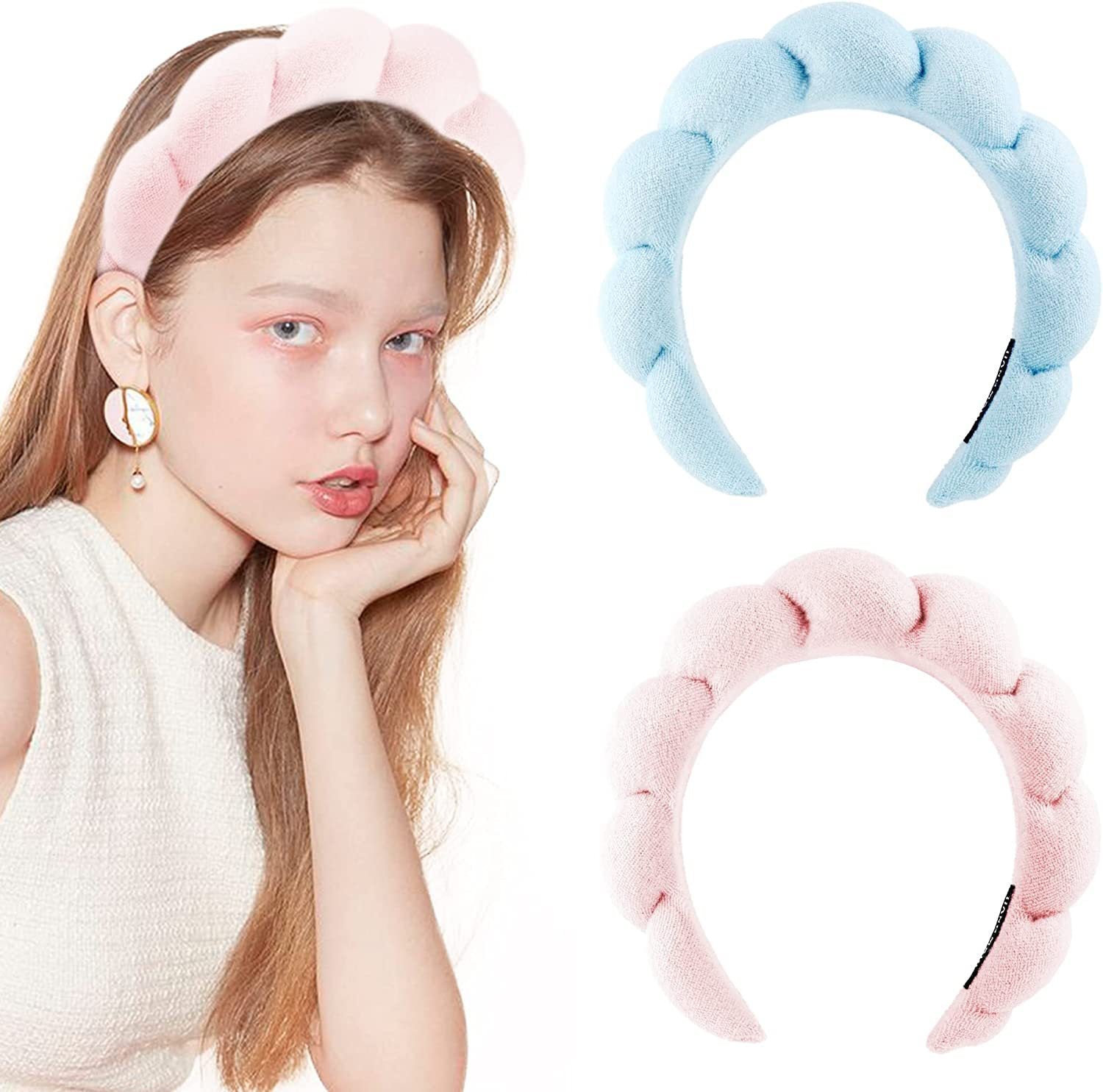 SPA headband band in pink and blue plush, ideal for hair care and beauty routines.