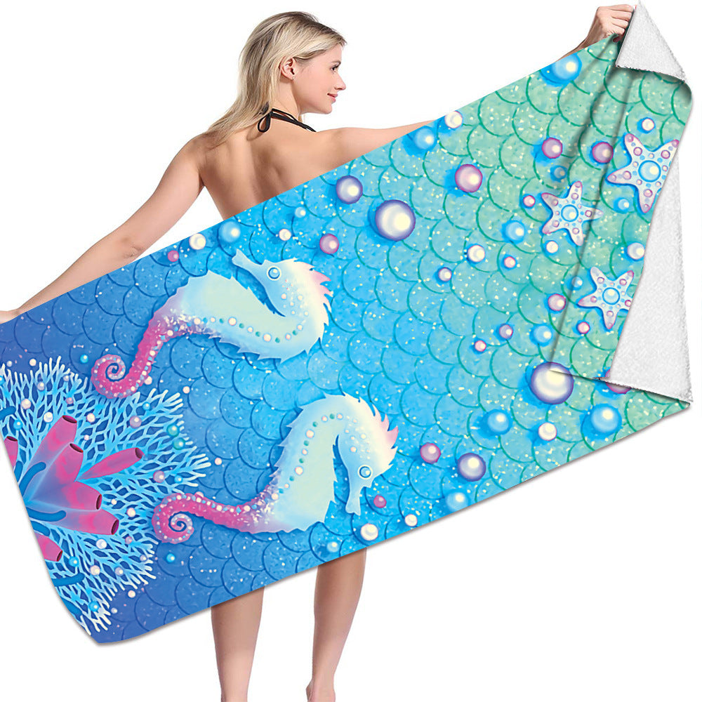 Microfiber bath towel with colorful seahorse and starfish 3D print design.