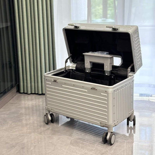 All-aluminum luggage travel photography trolley case with open top, showcasing interior compartments.