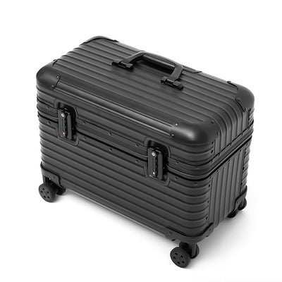 All-aluminum black trolley case with wheels for travel photography.