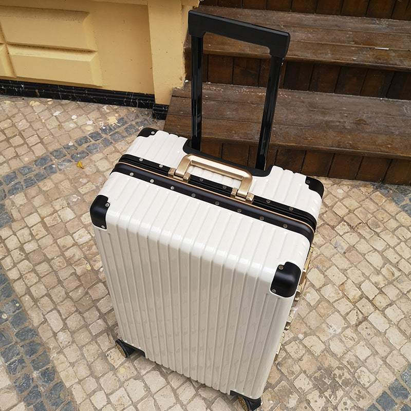 Aluminum alloy frame suitcase with universal wheels and telescopic handle.