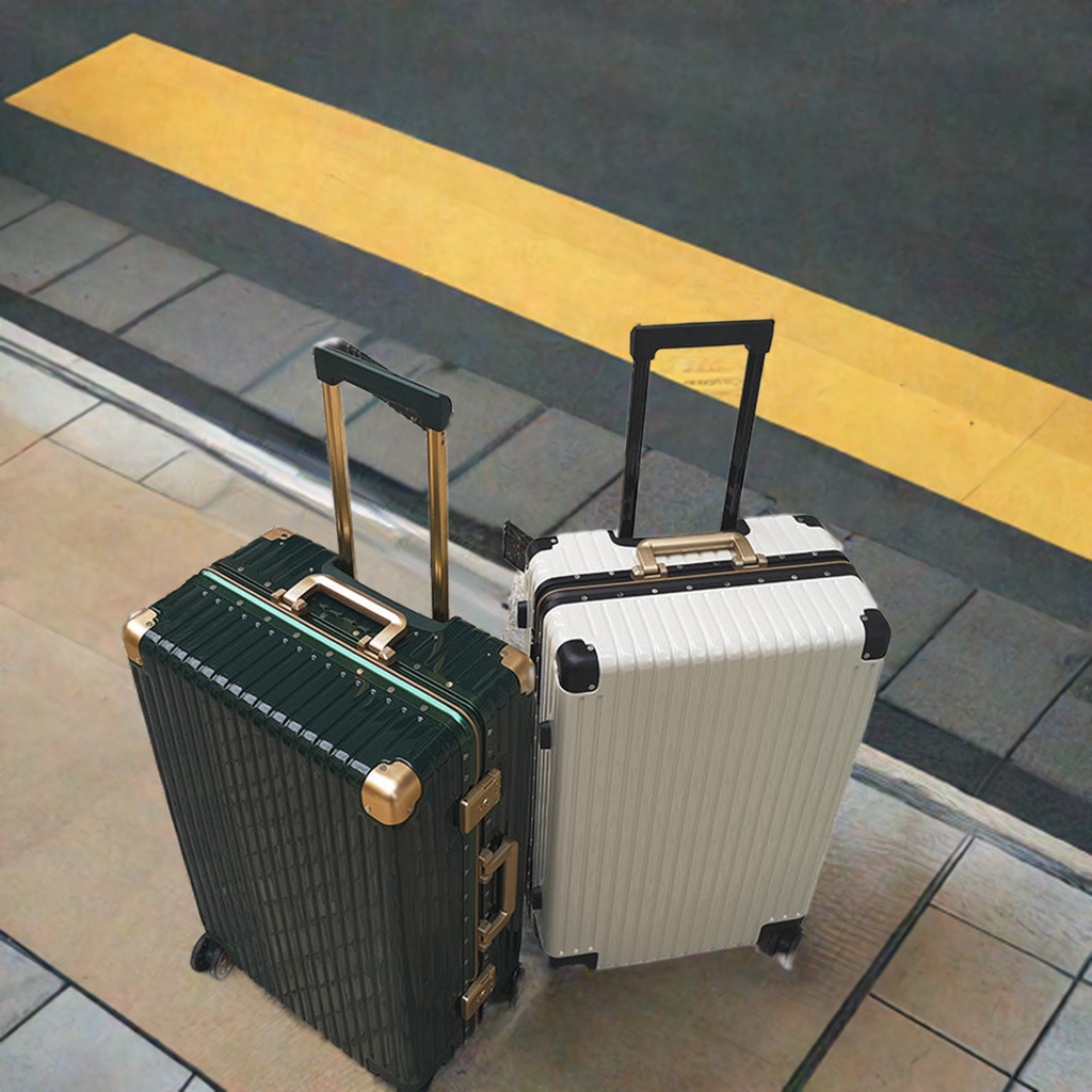 Aluminum alloy frame suitcases with universal wheels, featuring a durable ABS+PC shell and anti-theft lock, available in various sizes.