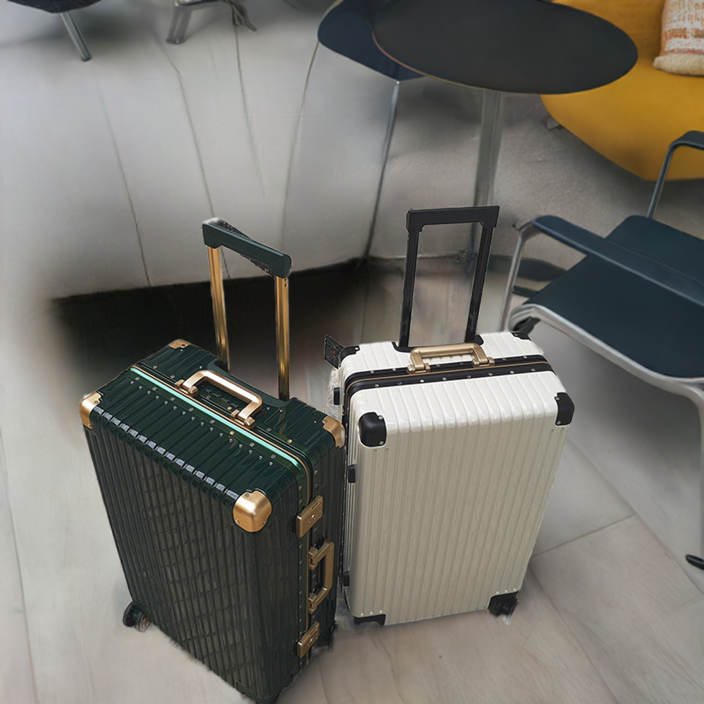 Aluminum alloy frame suitcases with universal wheels in green and white design.