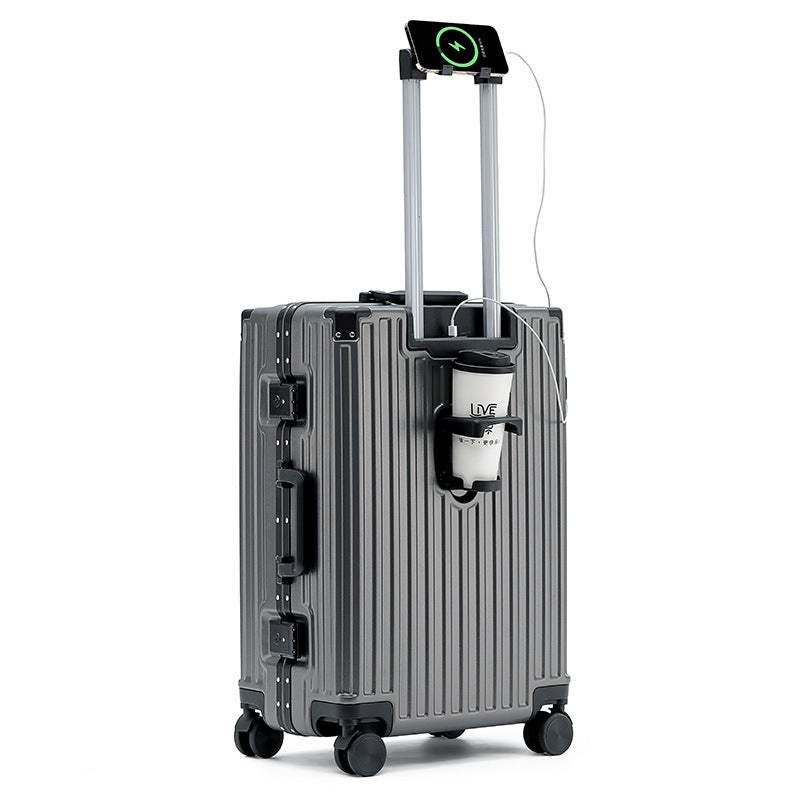 Aluminum frame luggage with universal wheels and phone holder.