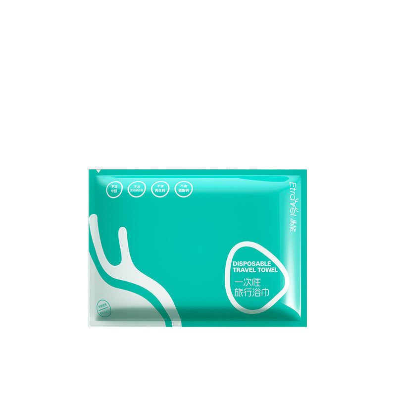 Disposable compression towel in compact packaging for travel use.