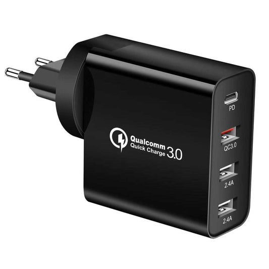 Fast charge charger with multiple ports for rapid mobile phone charging.