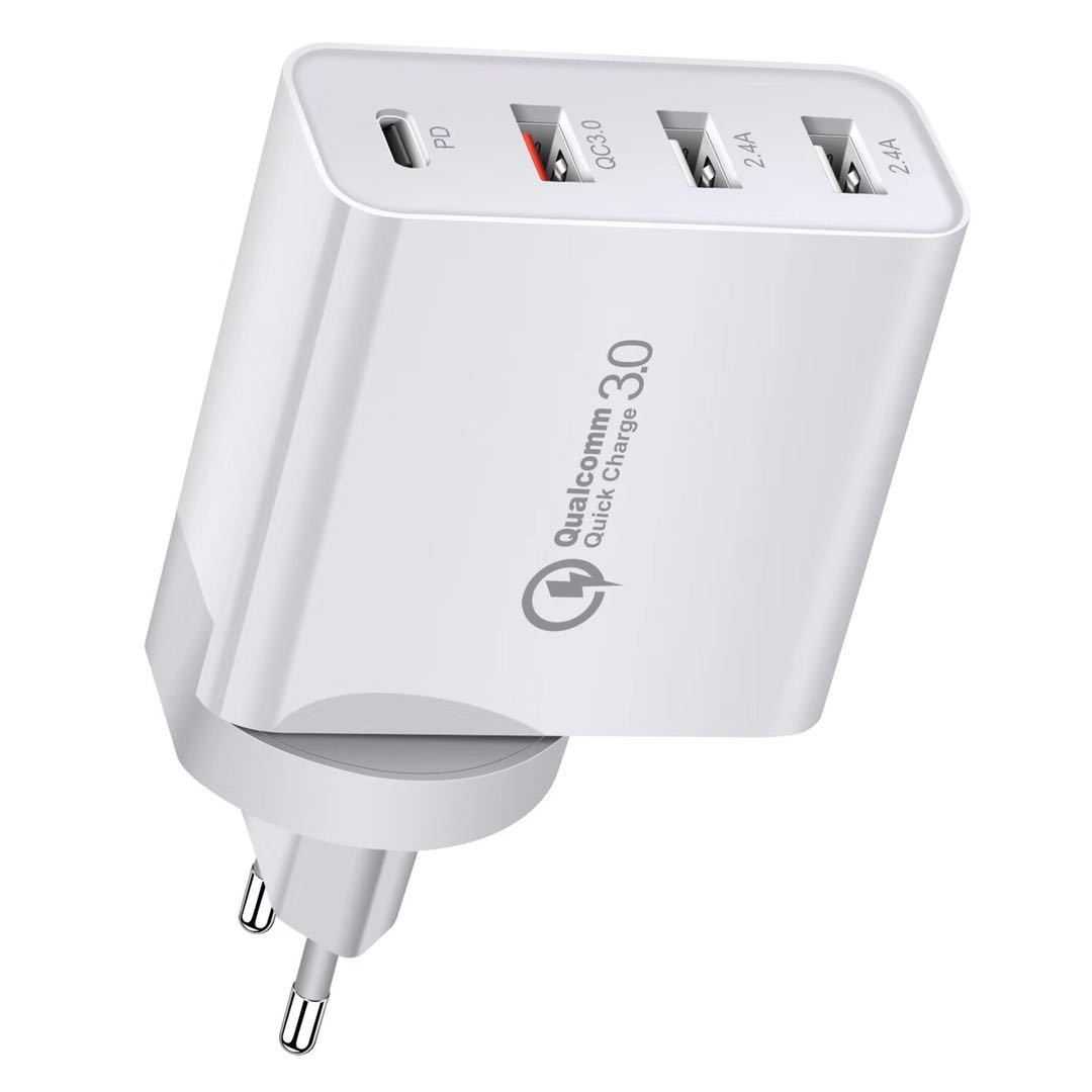 Fast charge mobile phone charger with multiple ports, white, efficient charging accessory.