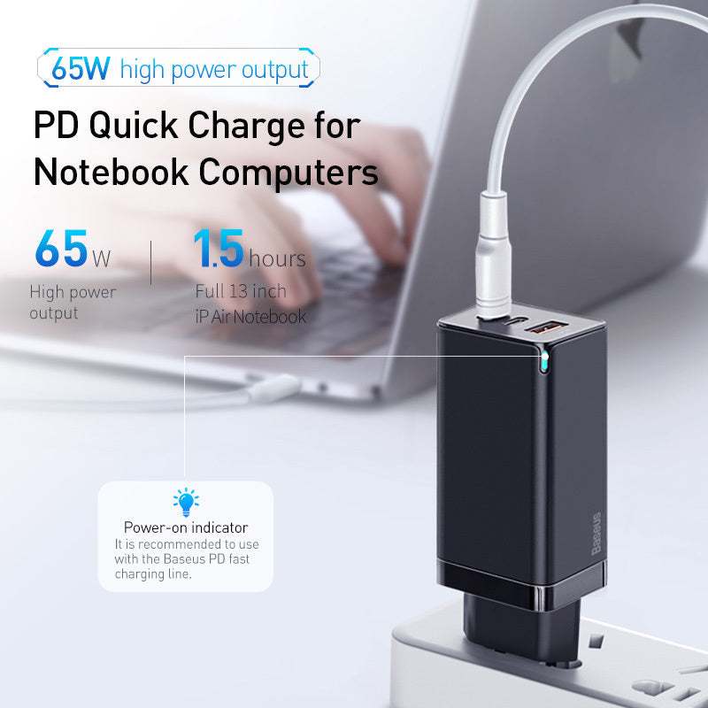 Fast mobile phone charger with Quick Charge 4.0 and 3.0, featuring three ports including two Type-C and a USB, supporting up to 65W output.