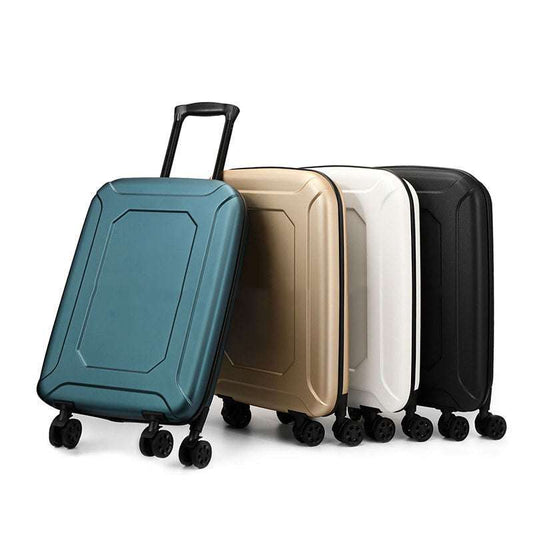Foldable luggage with universal wheels in blue, black, white, and rose gold, featuring a telescopic handle and solid ABS material.