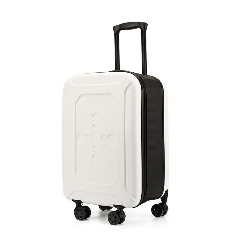 Foldable luggage with universal wheels and telescopic handle in white.