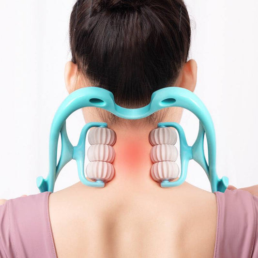 Multifunctional six-wheel neck massager relieving muscle tension with ergonomic swan-shaped design.