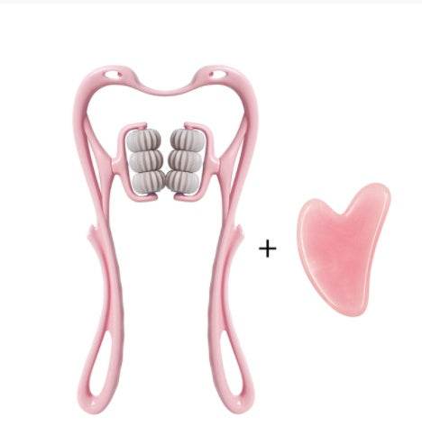 Six-wheel neck massager with ergonomic design and jade scraping tool, in pink.