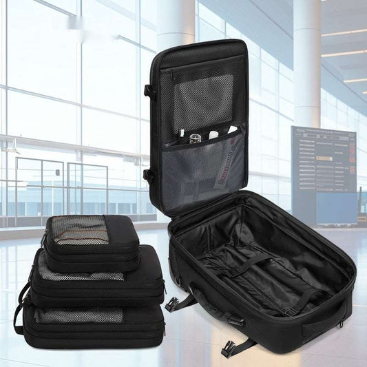 Multi-functional men's compression travel bag in black, suitable for business travel, made from Oxford cloth.