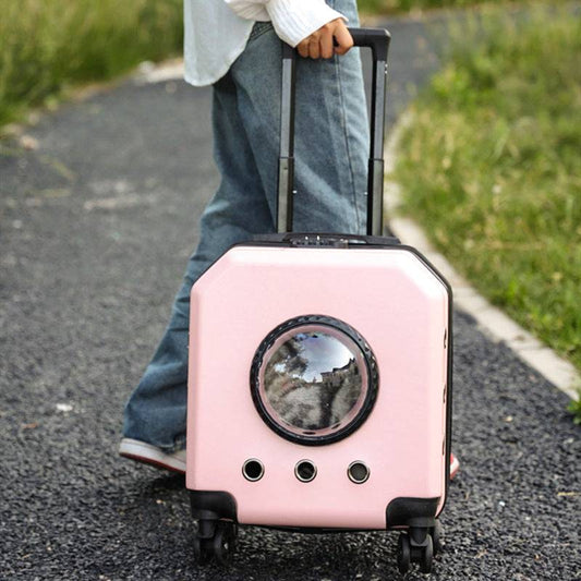 Pink pet flight trolley case with a transparent window and wheels, suitable for cat travel.