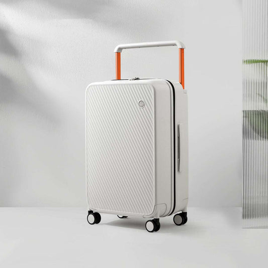 Wide trolley case with large capacity, solid color, zipper closure.