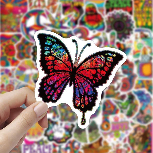 Hippie butterfly sticker with a psychedelic design and vibrant neon colors, part of the Personality Doodle Suitcase collection.