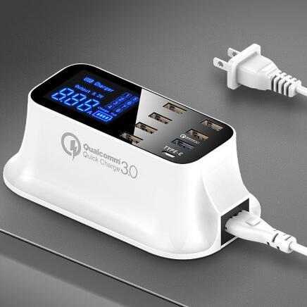 Quick Charge 3.0 Smart USB Charger Station with LED display and multiple ports.