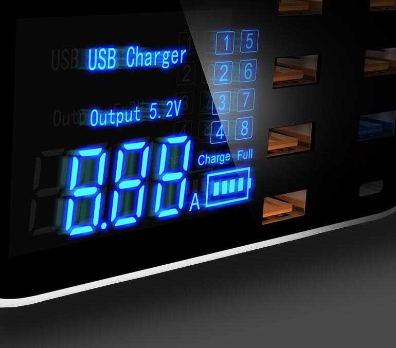 Quick Charge 3.0 USB charger station with LED display showing charging status.