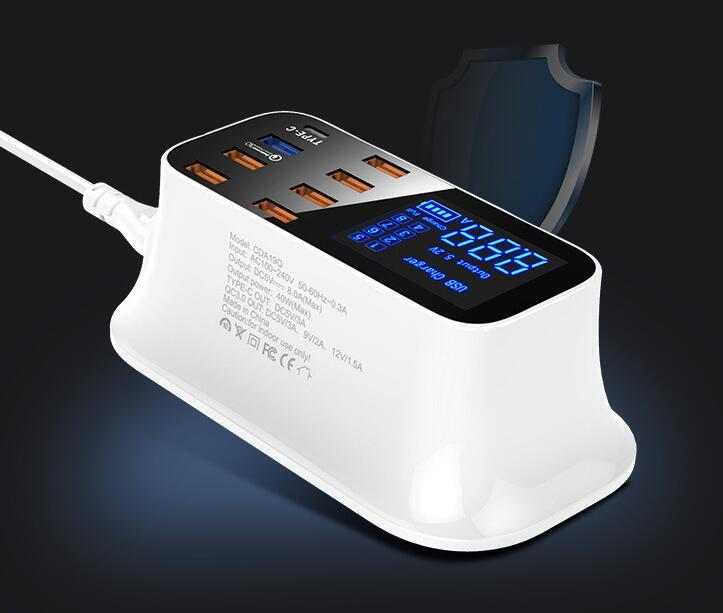 Quick Charge 3.0 USB charger station with LED display and 8 ports for optimal device charging.