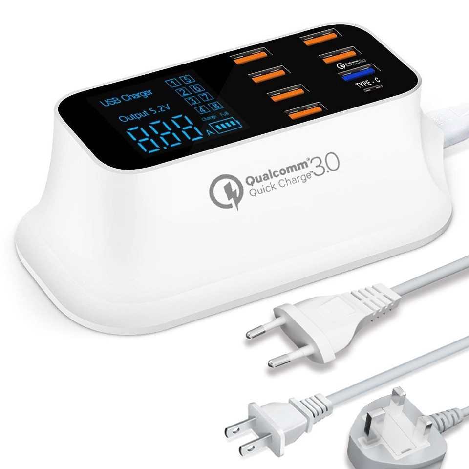 Quick Charge 3.0 USB charger station with 8 ports, LED display, and Smart IC technology.