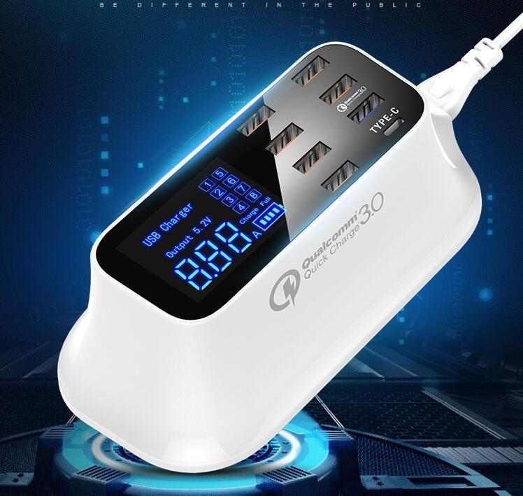 Quick Charge 3.0 USB charger station with 8 ports and LED display.