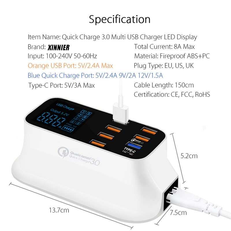Quick Charge 3.0 USB charger station with LED display, 8 ports, smart IC, and fireproof ABS material.