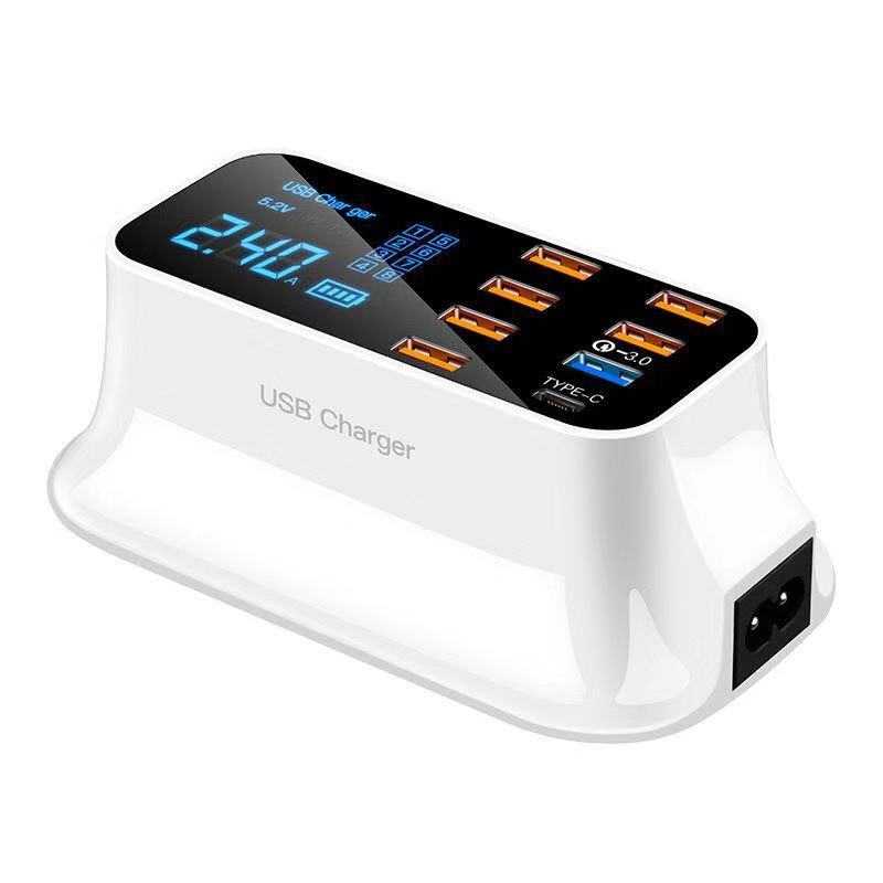 Quick Charge 3.0 USB charger station with LED display and multiple ports.