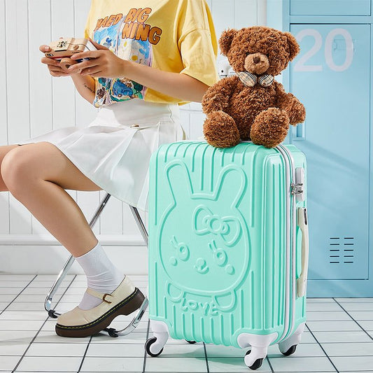 Schoolgirl fashion cute password trolley case with teddy bear in light green color, waterproof ABS material.