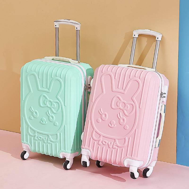 Light pink and green schoolgirl fashion cute trolley cases with embossed design and wheels.