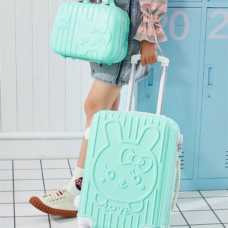 Schoolgirl fashion cute password trolley case in light green with embossed design, held by a person.