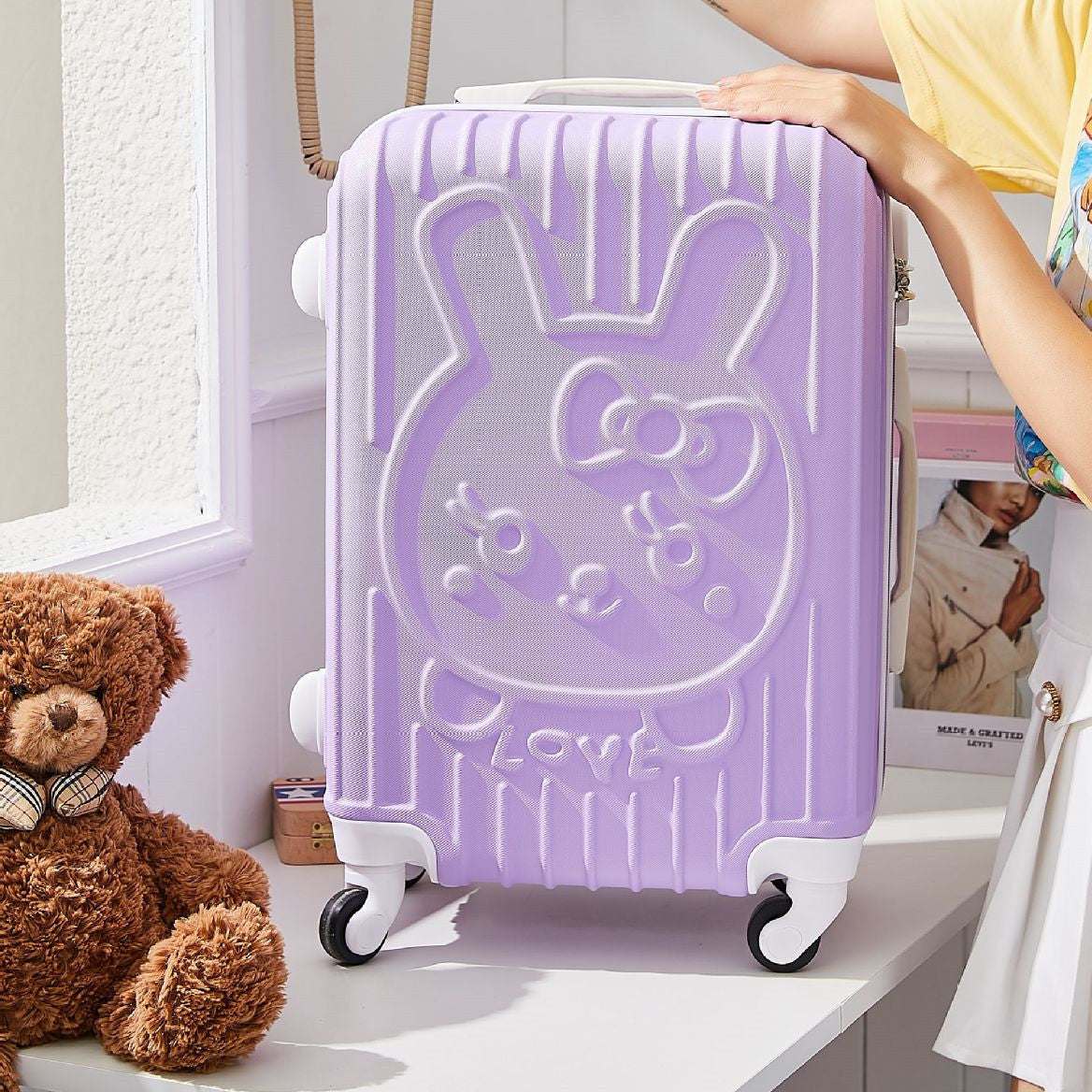 Light purple schoolgirl fashion cute trolley case with bunny design, waterproof ABS material.