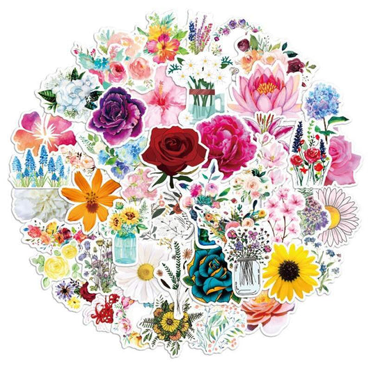 Colorful waterproof suitcase stickers with floral designs, HD printed, PVC material, 5-10CM size, 50 unique patterns.