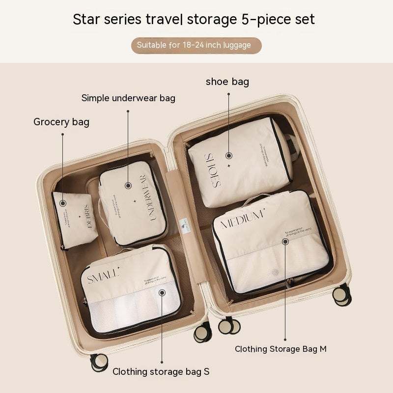 Travel storage bag set with multiple sizes, including underwear and shoe bags, designed for 18-24 inch luggage.