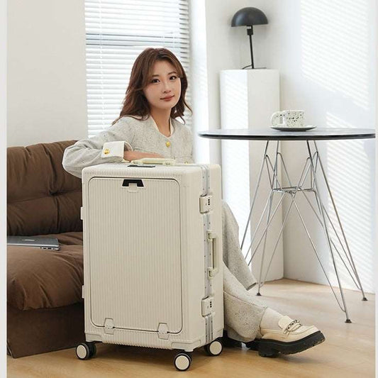 Trolley aluminum frame large capacity front opening luggage with universal wheels, USB interface, and cup holder in white.
