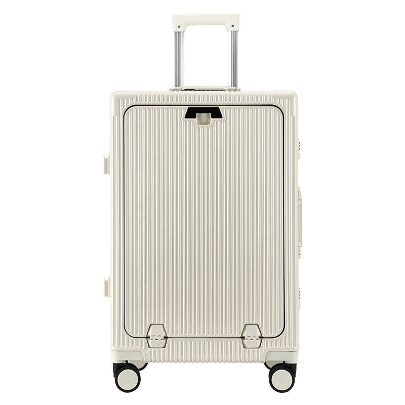 Large capacity trolley luggage with aluminum frame, front opening, universal wheels, and USB interface.