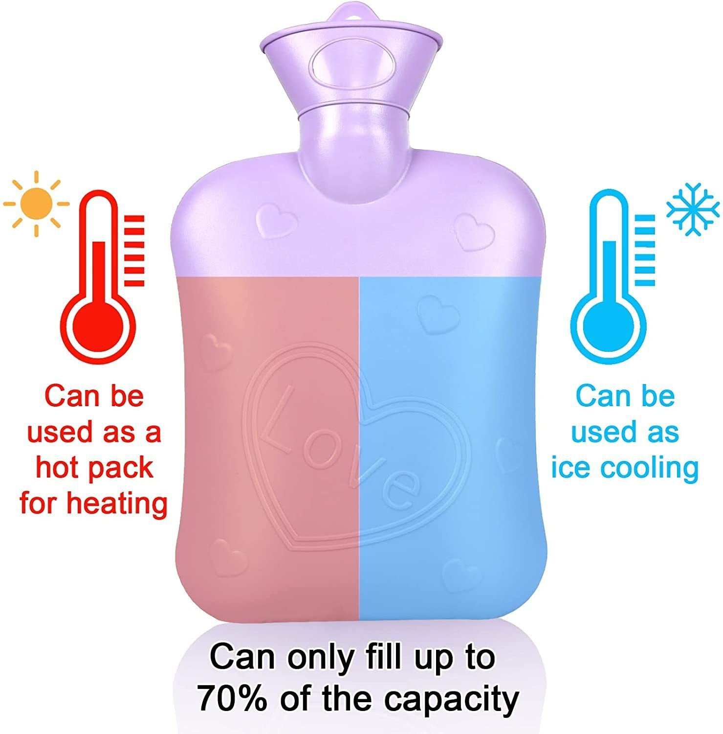 Unpatterned hot water bottle with purple plaid cover, high-density PVC, dual-use for heating and cooling.
