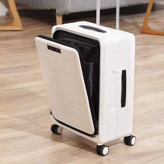 Women's front opening foldable luggage in moonlight white with stripe pattern, featuring PP texture and aircraft wheels.