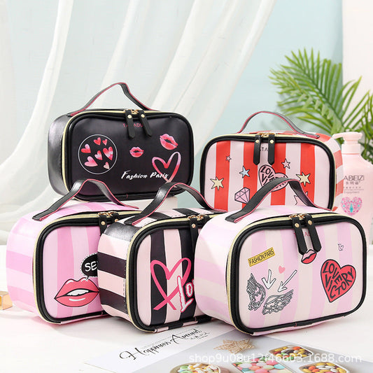 Portable toiletry bags with letter patterns in various colors, made of PU leather with zipper closure.