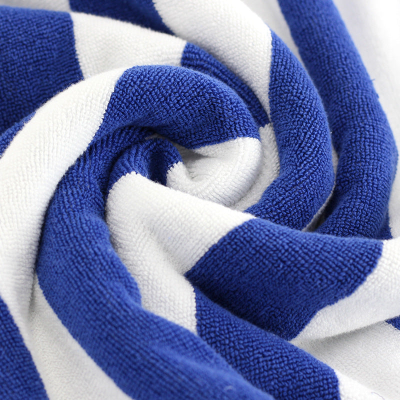 Blue and white striped cotton yarn-dyed jacquard beach bath towel.