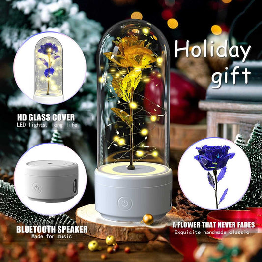 Creative 2 in 1 rose flower LED light and Bluetooth speaker with glass cover, romantic decorative night light for Valentine's Day gift