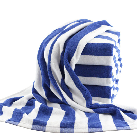 Blue and white striped cotton yarn-dyed jacquard beach bath towel.