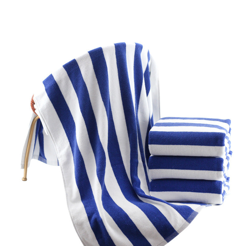Blue and white striped cotton yarn-dyed jacquard beach bath towel.