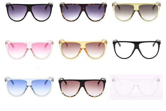 Sunglasses for women with gradient lenses in various colors and full frames, offering UV protection.