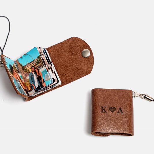 Mini Leather Photo Keychain in brown displaying personalized photos, featuring envelope design and secure clasp.