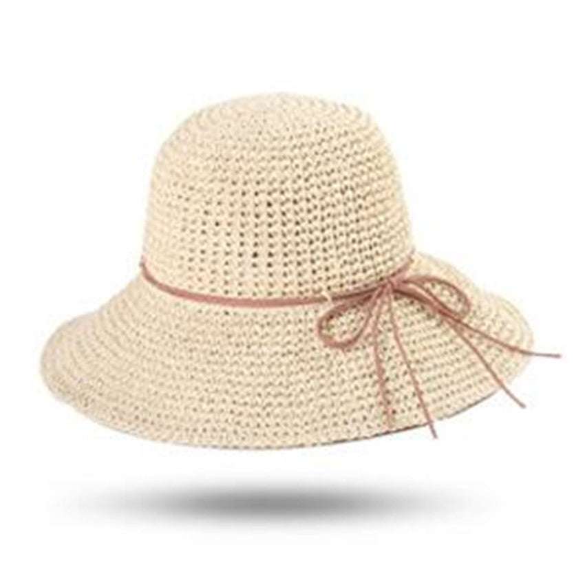 Foldable Raffia Women's Big Brim Beach Hat with Bow in Beige