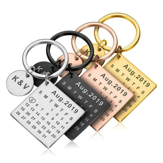 Custom DIY personalized calendar keychain set in silver, black, rose gold, and gold.